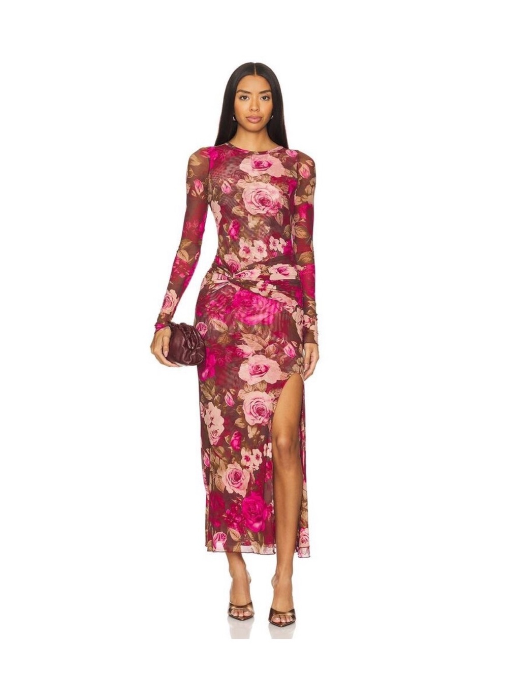 Free People Gianni Long Sleeve Fitted Floral Maxi Dress in Pink Rose